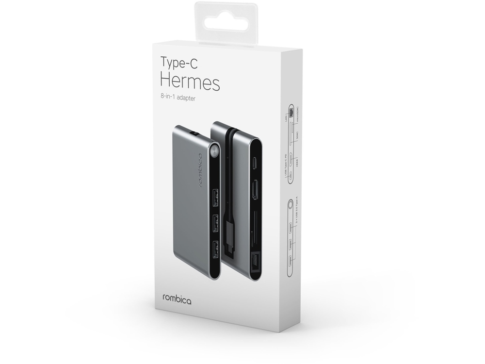 Хаб 8-в-1 Type-C «Hermes», USB 3.0 x 3, Type-C PD, HDMI, LAN, картридер